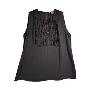 Tory Burch Silk Sleeveless‎ Button Down Ruffle Blouse sz 8 Black